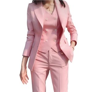 T077 FORMAL SLIM FIT 3 PIECES Ladies Business Solid Color Suits Trousers Waistcoat / Woman's Pink Commuter Blazers Jacket Pants Vest Set