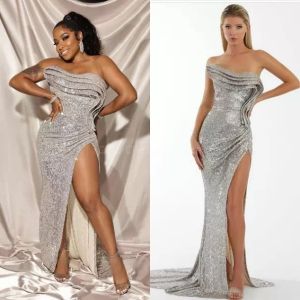 2022 Plus Size Arabic Aso Ebi Silver Stylish Sexy Prom Dresses Sequined High Split Evening Formal Party Second Reception Bridesmaid Gowns Dress