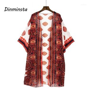Dinminstaの女性のボヘミアンの長いブラウスのドレス女性のプラスサイズの花柄プリントビーチトップスLodle Casual Chiffon Kimonos服の女性のBlo
