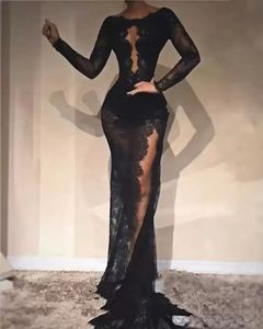2022 Black Sexy Mermaid Prom Dresses Long High Side Split långa ärmar Aftonklänning se genom dragkedja med öppet nacke cocktailfestklänningar