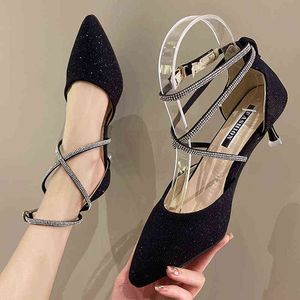 Dress Shoes Sandals Bling Crystal Cross Straps Pumps Women 2022 New Sexy Stiletto Heels Rome Woman Be Toe High Party 220416