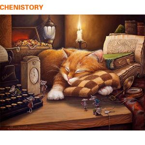 Chenistory Frameless Sleeping Cat DIY 그림 숫자 벽 예술 그림 가정 장식 아크릴 페인트 선물 40x50cm T200608