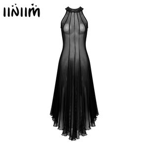 iiniim Women Gothic Sexy Dresses Transparent See through Mesh Dress Punk Mock Neck Sleeveless for Halloween Rock Concert