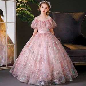 Bling Sequin Girls Pageant Fluffy Toddler Pink İlk Kutsal Cemaat Elbise Deli Çiçek Kız Elbiseler Balo Gowns Parti Elbise 403