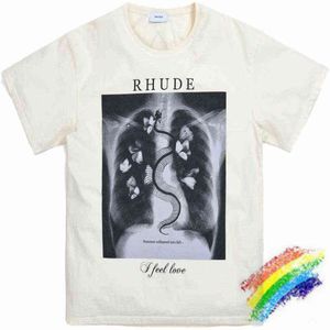Негабаритная дизайнерская футболка Rhude Men Men Women 1 Лучший качественный скелетный скелет для бабочки для печати