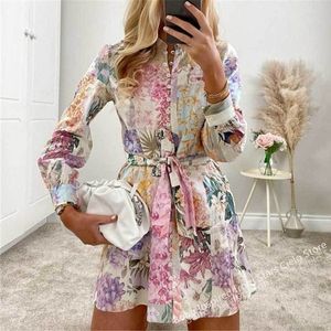 Boho inspirou os botões Mullicolor Floral Print Summer Dress Women, com cinto de manga comprida, vestido de mulher elegante 220713