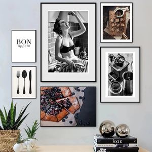 Black and White Woman Wall Canvas Painting Kitchen Decor Pizza Coffee Poster and print art picture For Dining Hall Home decor