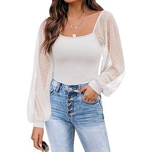 Kadınlar Blouses Mesh See-Through Long Sleeve Sıraslı Gömlek Tops Fener Kollu Patchwork Top