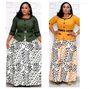 Artı Boyutu Elbiseler 2022 Afrika Tarzı Yuvarlak Boyun Düğme Baskı Kat Uzunluk Kadınlar Için Elbise Jasp22