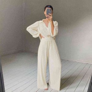 Dabourfeel Casual Beige Pleated Blouse And Wide Leg Pants Two Piece Sets Suit Women Elegant Elastic High Waist Ruched Trousers T220729