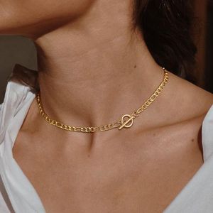 Kedjor t-bar vippkedja halsband kvinnor figaro länk choker rostfritt stål charm skiktade smyckenchains