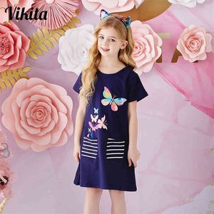 VIKITA Girls Butterfly Dress Kids Short Sleeve Dress with Pockets Children Summer Cotton Clothes Toddlers Casual Clothing 210329