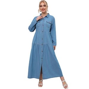 Plus Größe Kleider Mode Frauen Langarm Denim Hemd Kleid einreiher Gedruckt Lose Maxi Vestidos AutumnPlus