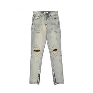 2021 Nytt ankomst solid hål rippad lapp Slim Men Jeans Pencil Pants Hip Hop Washed Retro dragkedja slitsar denim byxor Spodnie T220803