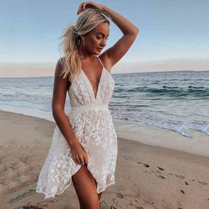 Boho Beach Summer Women Lace Mini DressエレガントなノースリーブオフショルダーフローラルサンドレスvネックハイウエストレディースドレスG220510