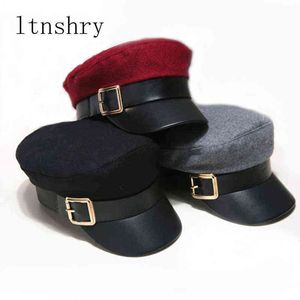 2019 Fashion Wool Solid Visor Military Hat Autumn and Winter Vintage Patchwork PU BERET CAP FOR Women England Style Flat Cap J220722