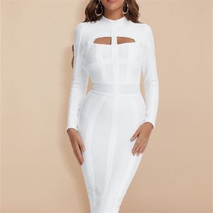 Beaukey Women White Hollow Out HL Bandage Klänning Långärmad Bodycon Sexy Cut Out High Neck Party Red Black Midi Dress Plus XL 220317