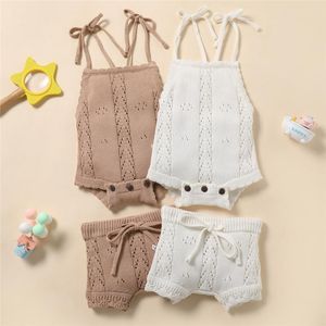 Clothing Sets Baby Girl Solid Color Knit Sling Romper Bodysuit Drawstring Shorts 0-18M Born Infant Toddler Summer Outfit 2022