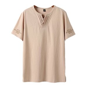 Mężczyzn Mężczyzn Duży rozmiar T -koszule lniany chiński styl letni v szyja duża koszulka krótkiego rękawu męska TEE TOPS Plus 6xl 7xl 8xl 9xl 220617