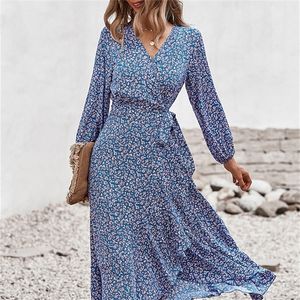 Wiosna Jesień Długi Bandaż Druku Sukienka Dla Kobiet V Neck Full Sleeve Hight Talia Zimowe Maxi Dresses Damskie Eleganckie 220406