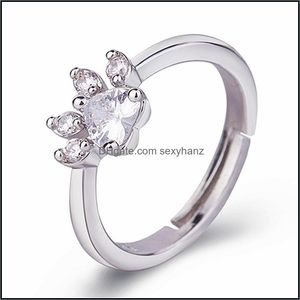 Band Rings Jewelry Women 925 Sterling Sier Rose Gold Color Finger Natural Cat Paw Crystal Cute Cubic Zirconia Drop Delivery 2021 Szi8H