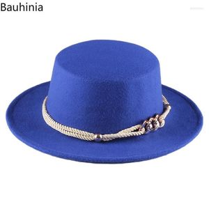 Women Casual Wool Felt Boater Hats Fashion Autumn Winter Trilby Hat Retro Solid Men Formal Party Flat Brim Top Wide Delm22