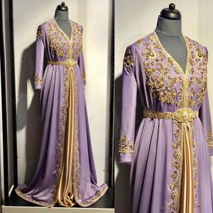 Moroccan Caftan kaftan Evening Dresses lilac lavender Embroidery Crystal applique Long sleeve outfit Arabic Muslim Formal Party prom Gown