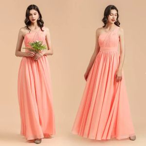 Ny sommarchiffongorange rosa brudtärna klänningar eleganta en axel veck lång bröllopsgäst piga av hedersklänningar aftonklänning skräddarsydd färger
