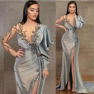 2022 Silver Sheath Long Sleeves Evening Dresses Wear Illusion Crystal Beading High Side Split Floor Length Party Dress Prom Gowns Open Back Robes De Soiree B0607X11