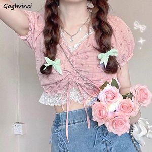 Women's Blouses & Shirts Puff Sleeve Blouse Women V-Neck Lace Cute Girls Sexy Ladies Tops Slim Cropped Mujer Holiday Teens Fashion Streetwea