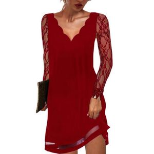 Günlük Elbiseler Örgün Elbise Kadınlar Oymak Dantel İlkbahar Sonbahar Saf Renk Patchwork Parti Düğün için Zarif Kırmızı XXL