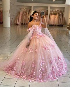 2022 Pink Off The Shoulder Quinceanera Dress With Cape Princess Beaded 3D Flowers Ball Gown Pageant Birthday Party Sweet 16 15