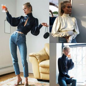 Kvinnor Sexig Backless Hollow Out Satin Blouse Casual Långärmad Turtleneck Elegant Skjorta Toppar Navy Blue Light Yellow Women's Bluses Shirts