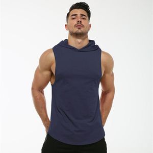 Herrtröjor tröjor Fyra säsonger Solid Color Fitness ärmlös mössa Sweatshirt Slim Hooded Vest Elastic Botline Cotton Hoo