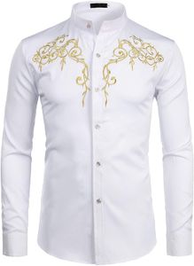 Men's Floral Embroidery Slim Fit Long Sleeve Band Collar Dress Shirts