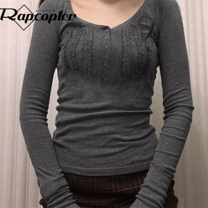 Ropter y2k Grey Frill Crop Top Cute Retro Button T Shirt Harajuku Solid Casual Basic Tee Slim Women Grunge Fairycore Clothes 220407