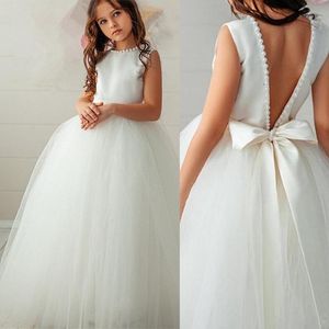 Girl's Dresses Backless Pearls Flower Girl Dress Trailer Puffy Wedding Party Gowns For First Communion Eucharist Attended PrincessGirl's