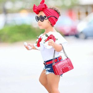 2Pcs Toddler Kids Baby Girls Clothes Summer Sleeveless Flower Tops Jeans Denim Hot Short Outfits Girls Clothing Set45pu