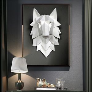 Hemdekoration Tillbehör Wolf Head Sculpture Wall Hang Decor Nordic 3D Staty Living Room Mural Creative Bar Cafe Art Craft 210414