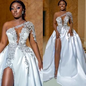 Plus Size Arabic Aso Ebi Luxurious Beaded Crystals Wedding Dress with detachable train Lace Mermaid Satin Bridal Gown