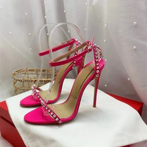 캐주얼 디자이너 여성 샌들 핑크 특허 가죽 정품 가죽 스트랩 들여다 발가락 스파이크 스틸레토 스트리퍼 하이힐 슬링 백 Zapatos Mujer Prom Evening Shoes