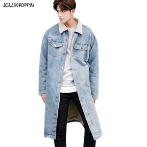 Winter Fleece Inside Mens Long Style Denim Jacket Zippered Cuffs Thick Denim Coat Turn Down Collar Loose Retro Blue Jean Jacket 201104