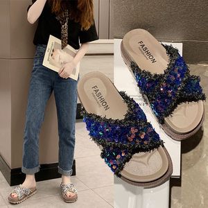 Summer Sequin Slippers Fashion Lovely Versatile Leisure Outdoor Comfortable Soft Bottom Shopping Beach Sandals