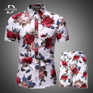 Mänkläder set Summer Mens Punk Rock Party Suit Mens Club Beach Track Suits Boardshorts Casual Print Shirts 2 PCS SETS 201128