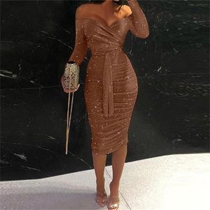 Kadınlar Sonbahar Uzun Kollu Zarif Ofis Lady Elbise Seksi Düğmeli Wrap Parti Elbise Bahar Katı Slim Fit Bodycon Mini Elbise 220317