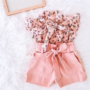1 6Y Fashion Baby Clothing Sets Kids Girls Floral Print Shirt Tops Bow Shorts Suit Summer Children Clothes Set 220620