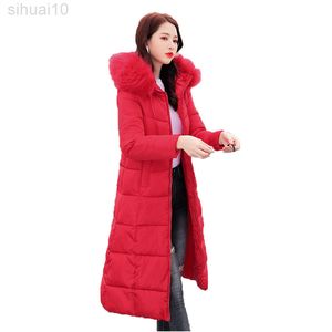Pamuklu kat kadınlar yeni kış kalınlaştırma sıcak moda kapşonlu kürk yakalı dış giyim uzun pamuklu ceket l220730