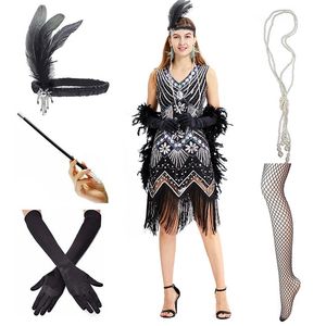 1920er-Jahre-Flapper-Kleid, tolles Gatsby-Party-Abendkleid mit Pailletten, Fransen und 20er-Jahre-Accessoires-Set 220504