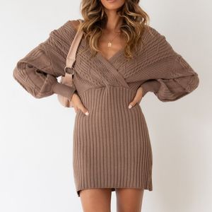 Casual Dress Autumn And Winter V-neck Sexy Twist Mid-length Women's Sweater Wrap Hip Skirt