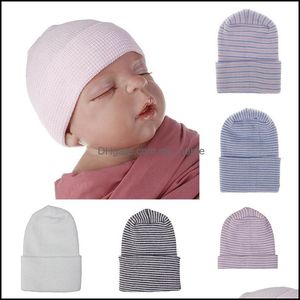 Mützen Hüte Zubehör Baby Kinder Mutterschaft 8 Farben Neugeborenen Streifen Hut Baby Häkeln Stricken Säugling SKL Weiche Baumwolle Beanie Dh2Qy